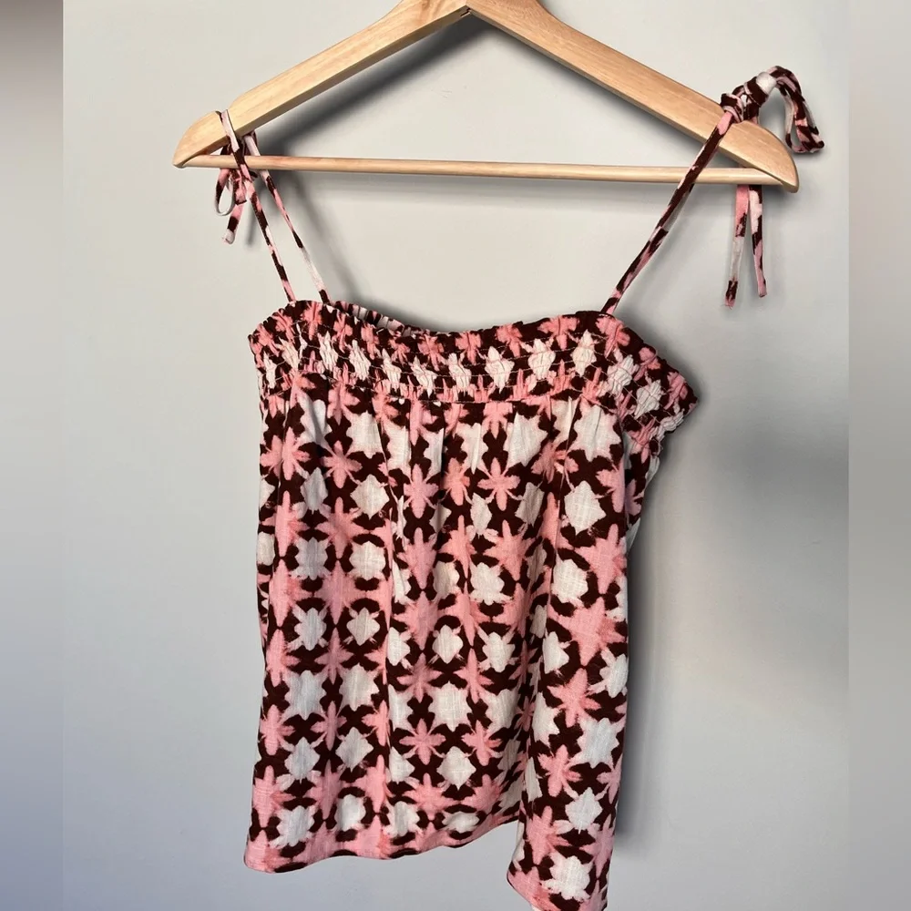Loft Pink‎ Brown Geometric Ikat Print Tie Strap Cami Top Linen Blend NWT Medium